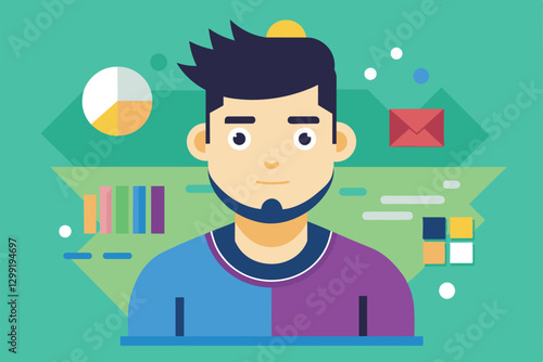 A young man with a stylish haircut stands against a colorful background featuring digital graphics and icons, Next option Customizable Flat Illustration