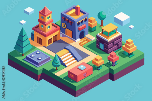 A charming village features diverse structures, trees, and pathways, set in a bright, whimsical style, Next option Customizable Isometric Illustration