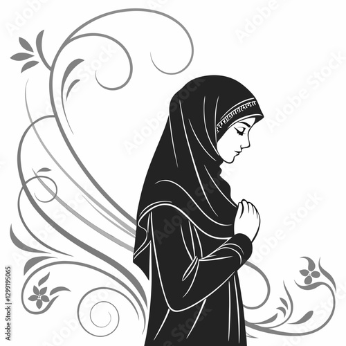 Vector illustration of Beautiful muslim woman in black burqa isolated on a white background
