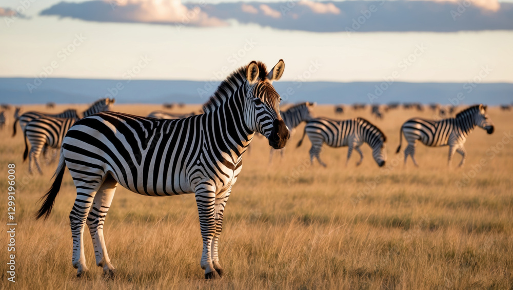 Obraz premium Graceful zebra in savanna, soft lighting enhancing its coat. Rolling plains and pale blue sky create a serene atmosphere. Ideal for nature visuals.