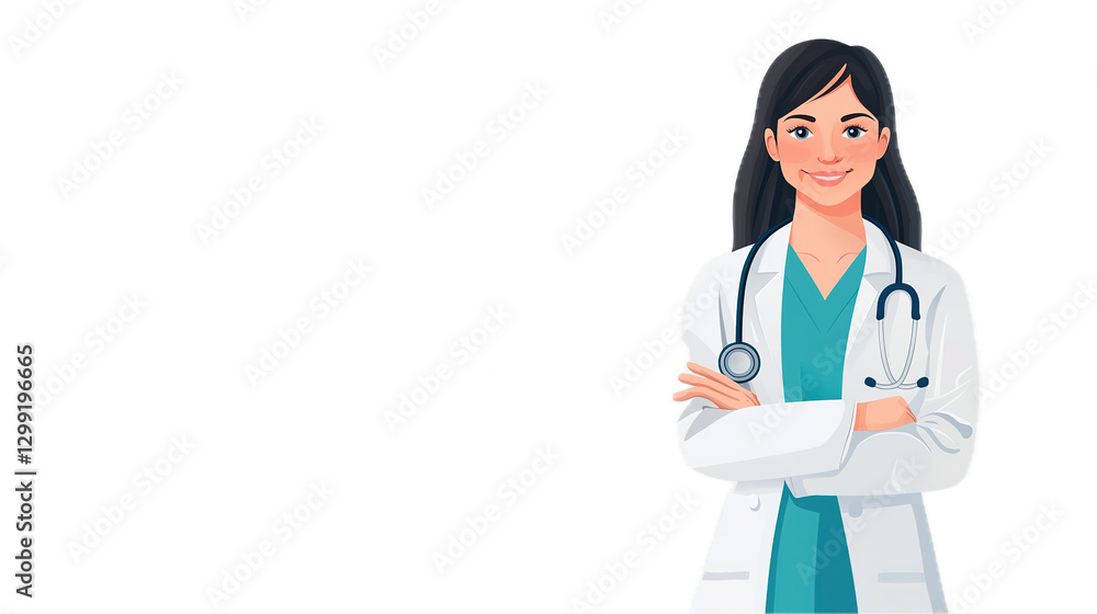 Healthcare professional in white coat with stethoscope on medical illustration confidence concept Healthcare professional in white coat with stethoscope on medical illustration confidence concept