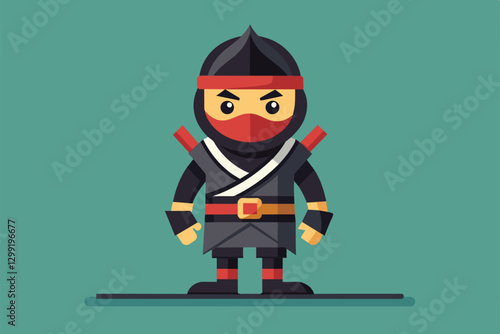 A customizable ninja figure in a black outfit with red accents poses confidently against a green backdrop, Ninja Customizable Flat Illustration