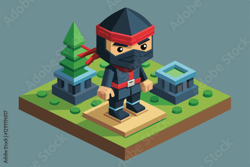 A customizable ninja figure stands on a grassy isometric terrain, surrounded by trees and objects, Ninja Customizable Isometric Illustration