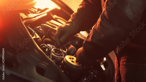 A Close Up View Of A Mechanic's Hands Working On A Car Engine In A Dark Repair Shop With Warm Orange Lighting, Showing The Detail And Intensity Of
