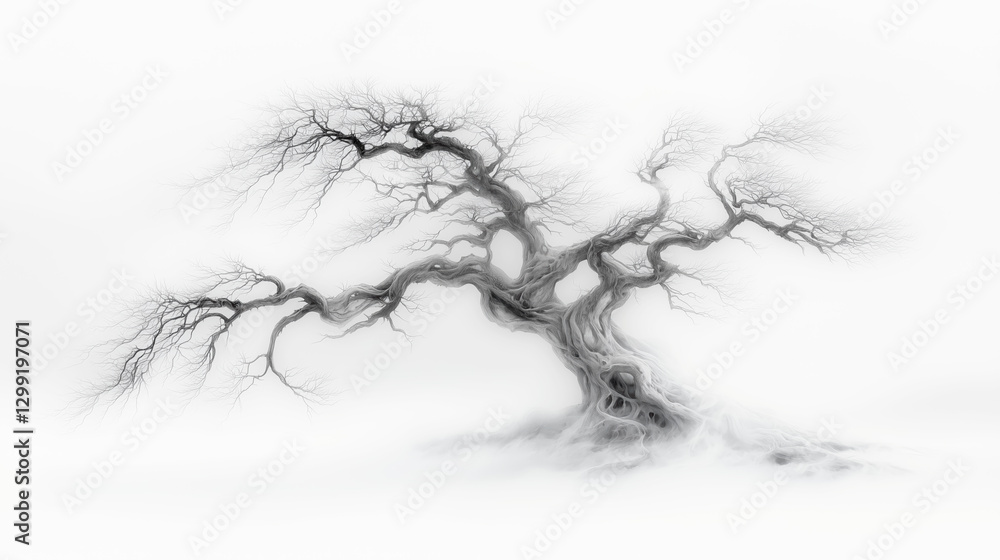 Twisted ancient tree with eerie roots in surreal misty white landscape Twisted ancient tree with eerie roots in surreal misty white landscape