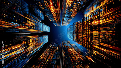 Futuristic skyscrapers with motion blur and glowing lights in night city