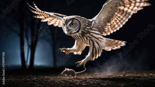 Owl swooping to catch prey at night, sharp talons and intricate feathers in focus. Moonlight illuminates the dramatic scene. Perfect for wildlife photography.