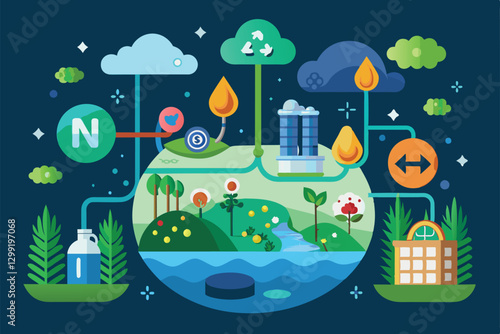 This diagram showcases the nitrogen cycle, highlighting essential processes within the ecosystem, Nitrogen cycle Customizable Flat Illustration
