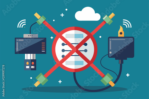 A colorful illustration shows devices and cables crossed out, highlighting the theme of no connectivity, No connection concept