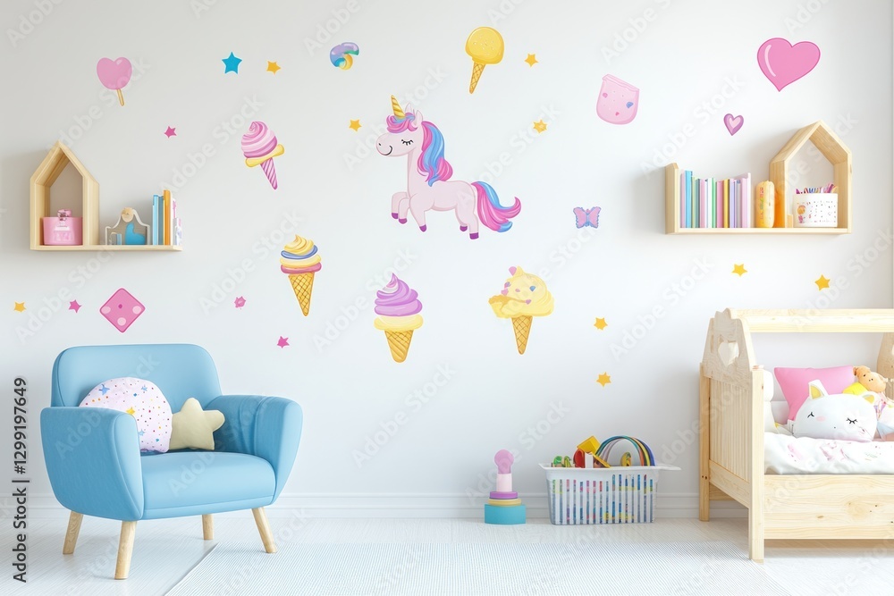 Children's room with unicorn and ice cream wall decals. Possible use Kids room decor Children's room with unicorn and ice cream wall decals. Possible use Kids room decor