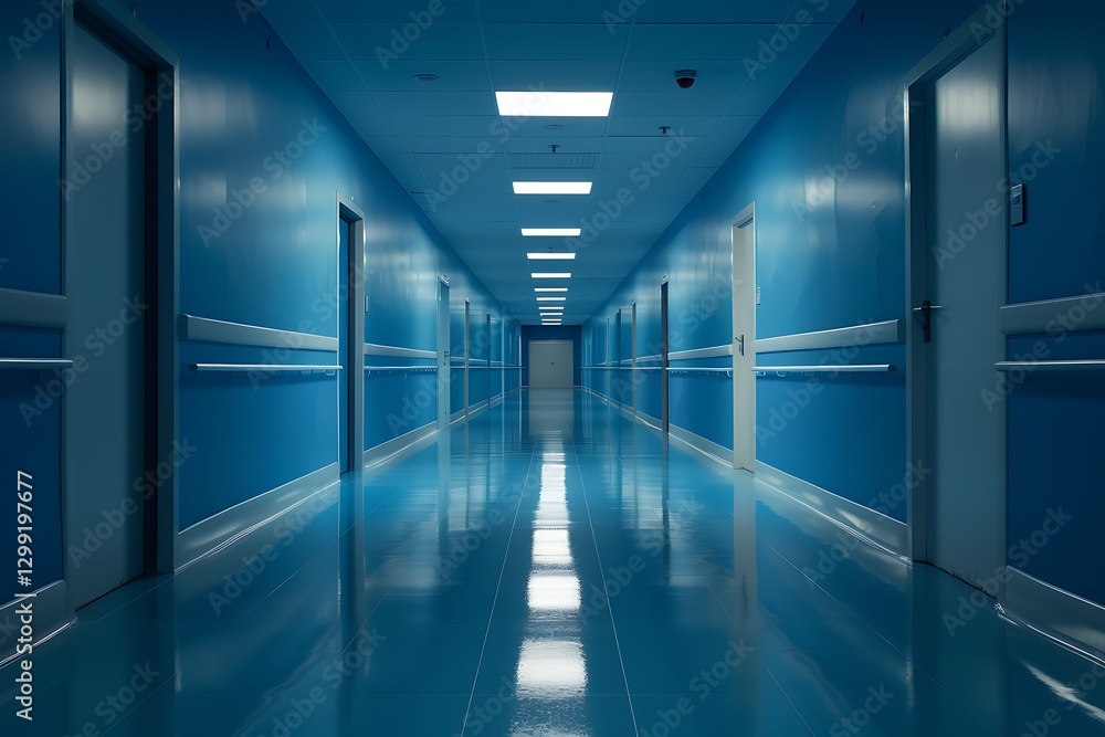 Obraz premium Interior of a hospital corridor with blue lights, 3d render
