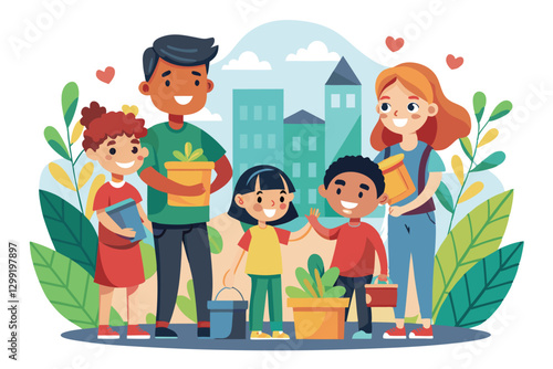 A group of children and adults are participating in planting activities to enhance their community garden, Nonprofit organization, Cartoon flat vector illustration