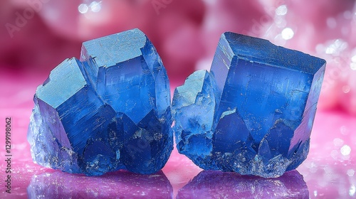 Brilliant blue crystals on pink sparkling background: natural mineral beauty
