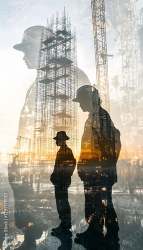 Wallpaper Mural Construction workers and buildings are superimposed with overlapping imagery Torontodigital.ca