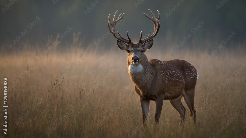 Deer in sharp focus, mist blending with dawn light. Minimalistic and serene wildlife photography. Deer in sharp focus, mist blending with dawn light. Minimalistic and serene wildlife photography.