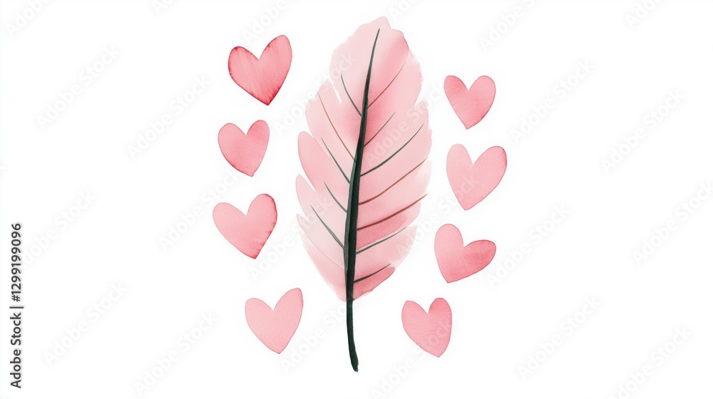 Fototapeta premium Pink feather and hearts composition: romantic and minimalist stock image