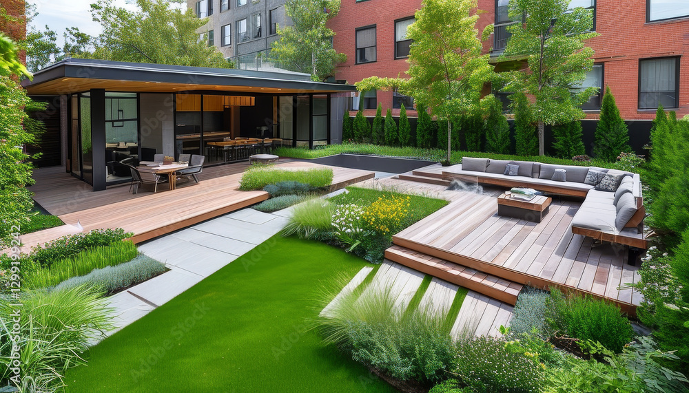 Naklejka premium urban neighbourhood landscaping, Modern Urban House, wide shots of home gardens, lawns, yards, decks and spaces for outdoor entertaining, garden design, modern architecture concept