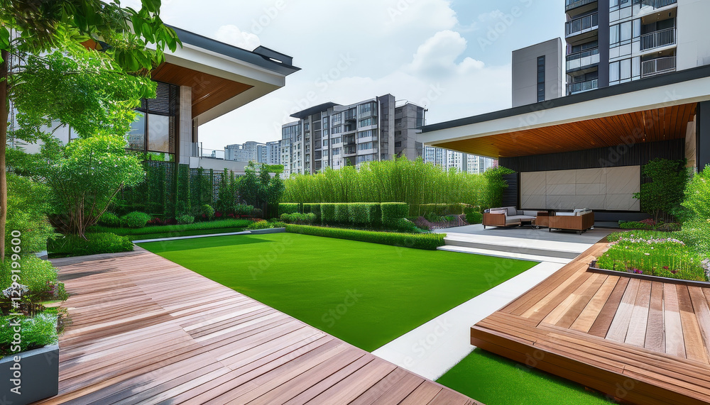 Fototapeta premium urban neighbourhood landscaping, Modern Urban House, wide shots of home gardens, lawns, yards, decks and spaces for outdoor entertaining, garden design, modern architecture concept