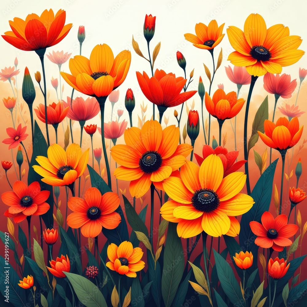 Fototapeta premium Colorful flower bouquet with orange and yellow blooms against soft pastel background