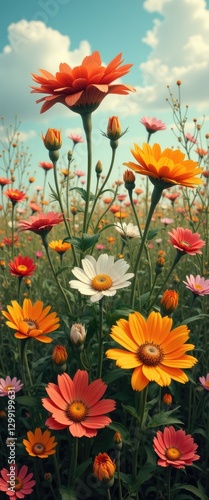 Wallpaper Mural Daisy flower field with vibrant orange, pink, and white blooms under sunny sky Torontodigital.ca