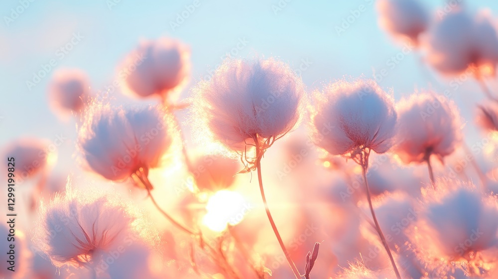 A serene scene featuring fluffy cotton flowers illuminated by soft sunlight, creating a dreamy atmosphere. A serene scene featuring fluffy cotton flowers illuminated by soft sunlight, creating a dreamy atmosphere.