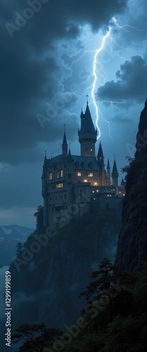 Wallpaper Mural Fairytale castle struck by lightning against a dark, stormy sky Torontodigital.ca