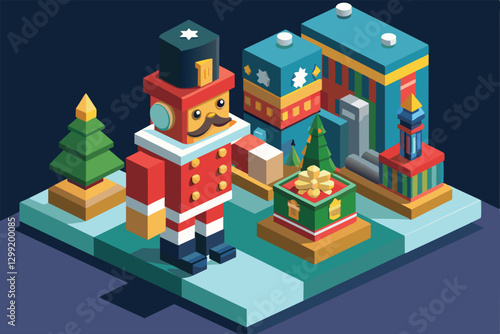 A vibrant isometric nutcracker figure stands beside decorated trees and gift boxes in a festive setup, Nutcracker Customizable Isometric Illustration
