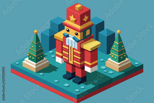 A colorful nutcracker stands among two decorative Christmas trees in a playful, isometric layout, Nutcracker Customizable Isometric Illustration
