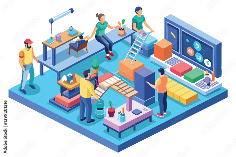Individuals engage in various customizable occupational therapy activities in a creative workspace, Occupational therapy Customizable Isometric Illustration Individuals engage in various customizable occupational therapy activities in a creative workspace, Occupational therapy Customizable Isometric Illustration