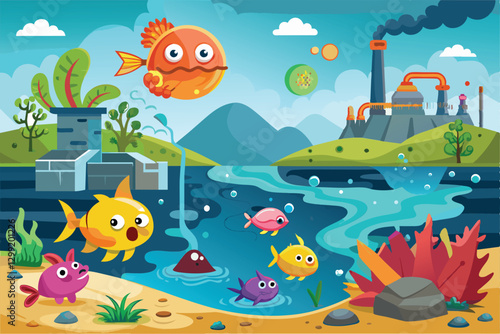 Colorful cartoon shows fish swimming in an acidic ocean, highlighting pollution and environmental impact, Ocean acidification Customizable Cartoon Illustration
