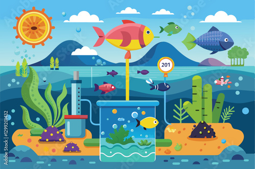 Explore a colorful underwater ecosystem showcasing the impact of ocean acidification on marine life, Ocean acidification Customizable Disproportionate Illustration