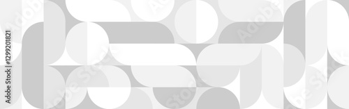 White trendy seamless background of circles and squares in modern Scandinavian style. Cover of gray geometric shapes in retro texture for wallpaper or packaging.