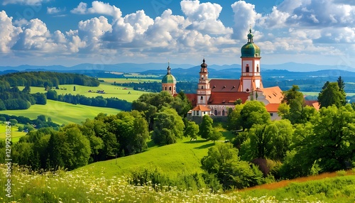 Beautiful summer landscape with church and meadow in Bavaria, Germany