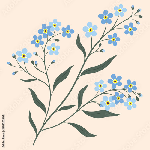 Bunch of blue forget me not flowers with green leaves on light beige background. Vector botanical illustration.