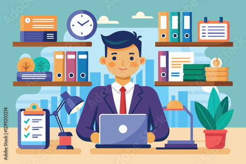 A person in a suit works diligently at a desk, managing various office tasks surrounded by organized shelves, Office management Customizable Flat Illustration