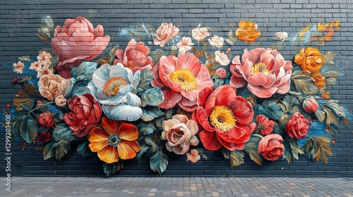 Vibrant floral mural on brick wall captures bold colors and artistic craftsmanship