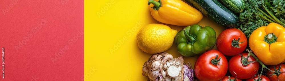 Colorful veggies & lemon on yellow, red background. Healthy food banner Colorful veggies & lemon on yellow, red background. Healthy food banner