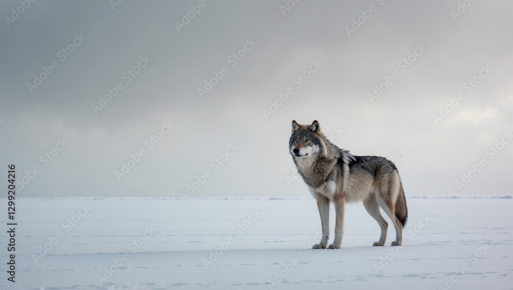 Fototapeta premium Wolf on snow-covered plain, muted sky and stark simplicity. Highlights the solitude of the animal. Perfect for nature photography.