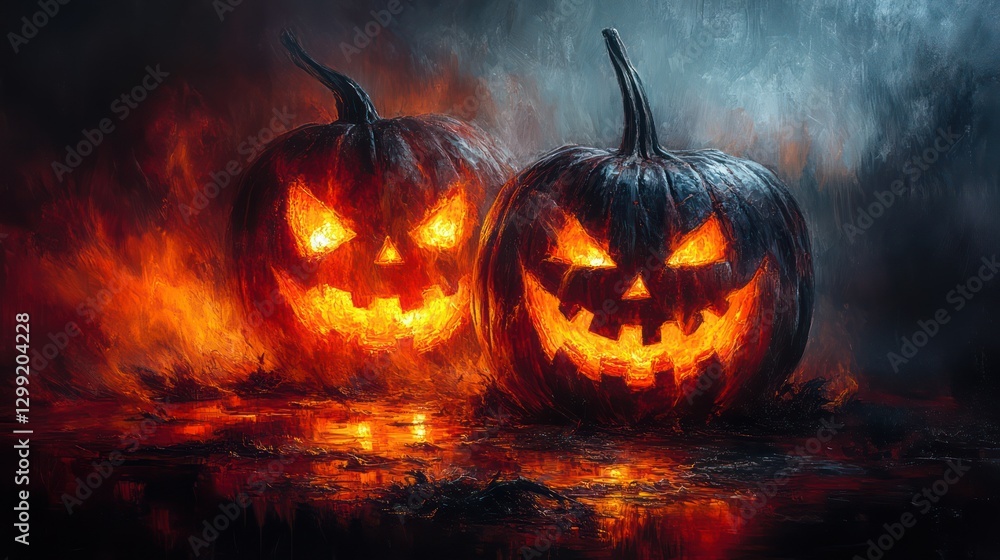 Fiery Halloween Jack-o'-lanterns Glowing in the Dark Night Fiery Halloween Jack-o'-lanterns Glowing in the Dark Night