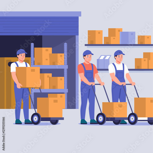 Two warehouse workers using hand trucks to transport boxes. Shelves with additional boxes in the background, showcasing a busy storage environment.