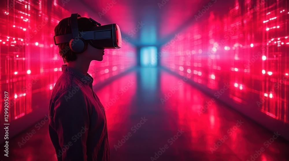 Woman Experiencing Immersive Virtual Reality in a Futuristic Digital Environment Woman Experiencing Immersive Virtual Reality in a Futuristic Digital Environment