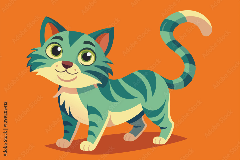 Obraz premium A cheerful cat with green stripes plays joyfully on a bright orange background, exuding playfulness and fun, Silhouette of playful cat