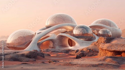 A futuristic Mars colony with interconnected domes of glass and metal, set against a red rocky landscape under a pale pink sky