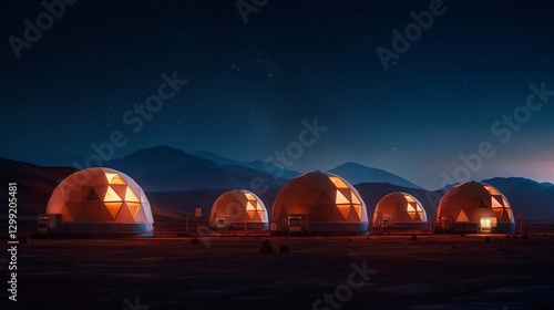 A Mars base at night, with glowing windows in the habitat domes