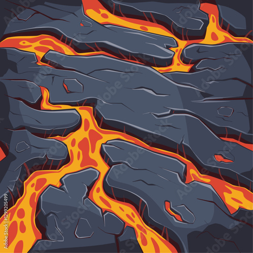 A dynamic illustration showcasing molten lava flowing between jagged volcanic rock formations, highlighting the vibrant orange against the dark backdrop.