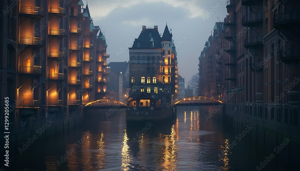 Hamburg canal at dusk, Germany. Hamburg canal at dusk, Germany.