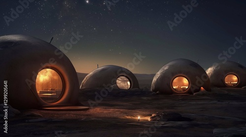 A Mars base at night, with glowing windows in the habitat domes and a clear star sky