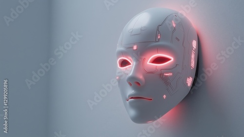 Futuristic ai face with neon lights on a minimalistic wall
