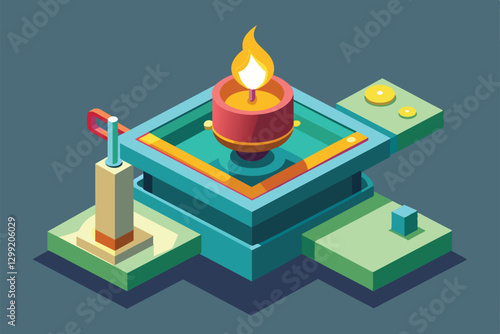 An isometric illustration of a customizable oil lamp with geometric shapes in bright colors and decorative features, Oil lamp Customizable Isometric Illustration