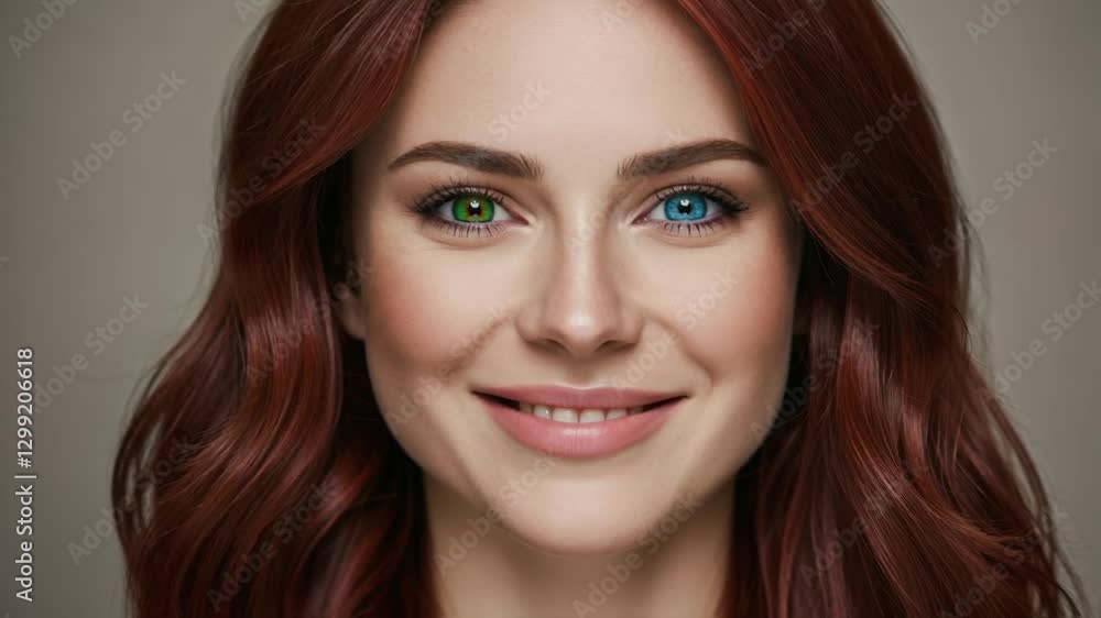 Close-up portrait of a woman with red hair and heterochromia, featuring striking green and blue eyes. Beauty, genetics, unique features, diversity, natural beauty. Close-up portrait of a woman with red hair and heterochromia, featuring striking green and blue eyes. Beauty, genetics, unique features, diversity, natural beauty.